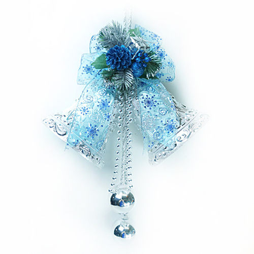 8吋浪漫透明緞帶雙花鐘吊飾(藍銀色)