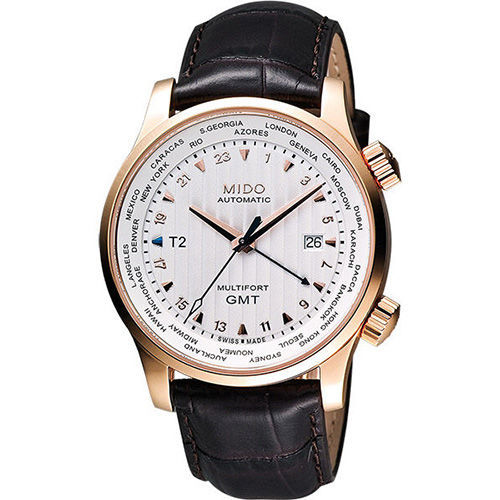 MIDO 美度 Multifort GMT世界時區機械錶-銀x玫瑰金框  M0059293603100