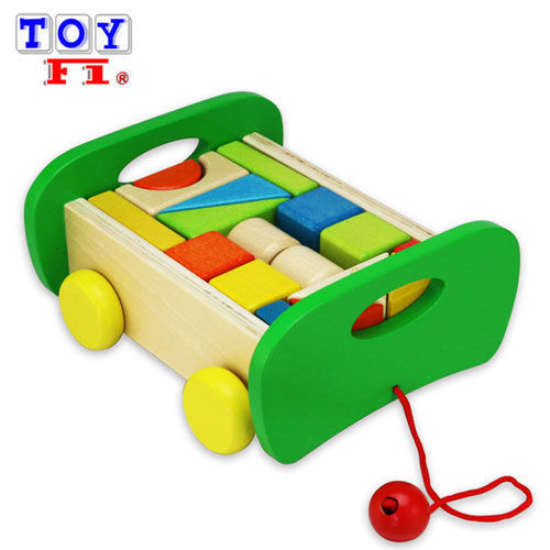 Toy F1】木製17顆彩色積木小拖車