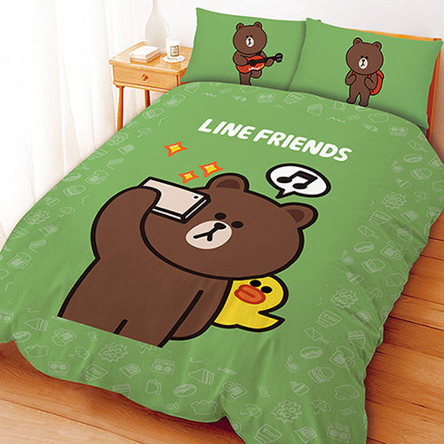 【享夢城堡】LINE FRIENDS 熊大愛自拍系列-雙人四件式床包涼被組(綠.灰)