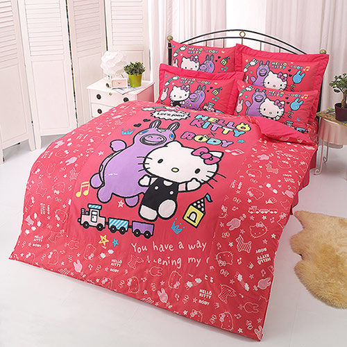【享夢城堡】HELLO KITTY x RODY 歡樂時光系列-雙人純棉四件式床包兩用被組(粉)(紅)