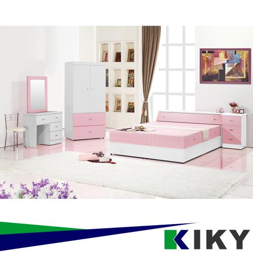 KIKY 粉紅波莉浪漫主義雙人六件床組(床頭+床底+床邊櫃+衣櫃+化妝台+椅子)