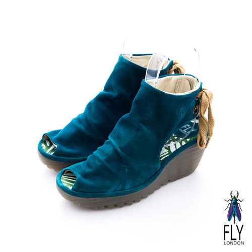 Fly London(女)★  ROOCKIE 皺褶鞋面後綁帶魚口楔型短靴 - 酷酷藍