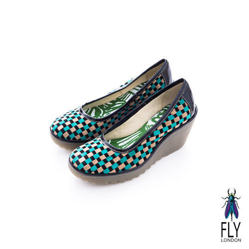 Fly London(女)★ 彩格瘋 經典坡跟膠底楔型鞋 - 亂藍綠