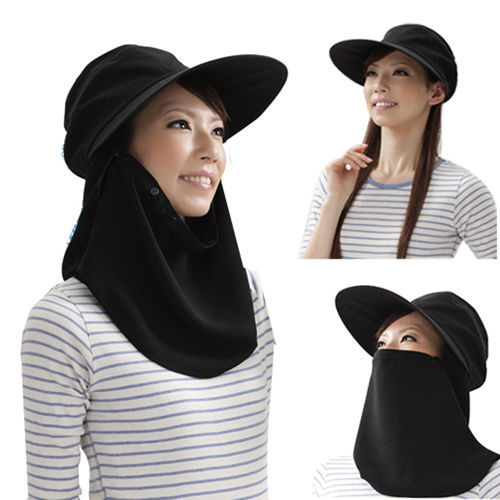 【SUNFAMILY】日系3用抗UV防曬寬帽緣護頸帽(黑色)
