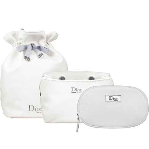 Dior 迪奧 壓紋磁扣Beaute化妝包+橢圓銀星燦Beaute美妝包+柔白皮質圓桶束口包