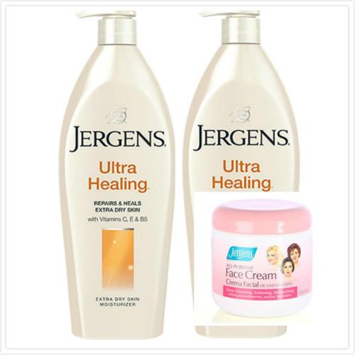 美國Jergens紫晶 潤膚乳液黃色特乾肌(621ml二入)+三效清潔保濕按摩霜425g*1