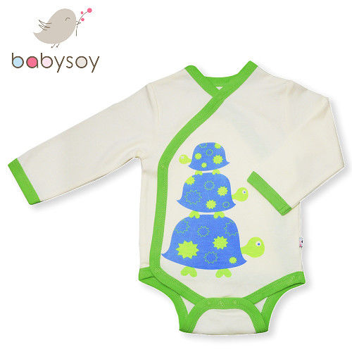 美國 Babysoy 有機棉開襟式長袖包屁衣508 - 綠邊烏龜