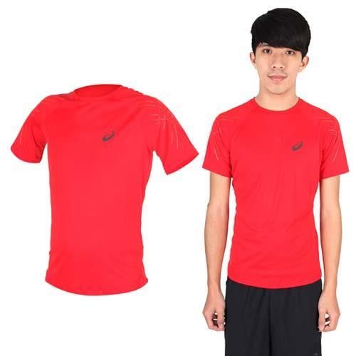 【ASICS】男短袖慢跑T恤- 亞瑟士 慢跑 路跑 休閒 運動 紅橘  100%聚酯纖維