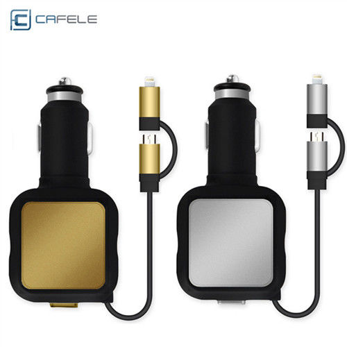 【卡斐樂】 4.8A 雙USB車充 帶二合一伸縮傳輸線 Apple 8pin+Micro USB 車上充電器 車用充電轉換器