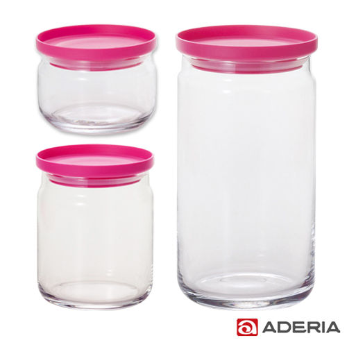 【ADERIA】日本進口堆疊收納玻璃罐三件套組(桃紅)