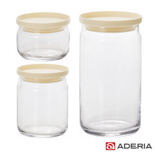 【ADERIA】日本進口堆疊收納玻璃罐三件套組(米黃)