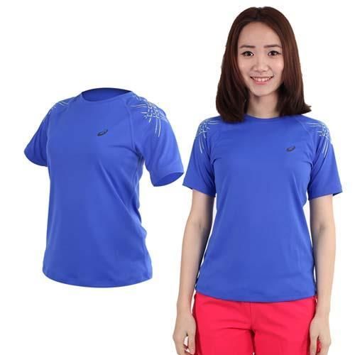 【ASICS】女短袖慢跑短袖T恤- 健身 路跑 亞瑟士 藍螢光綠  100%聚酯纖維