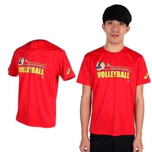 【ASICS】男排球短袖T恤- 圓領 亞瑟士 紅黃 抗UV