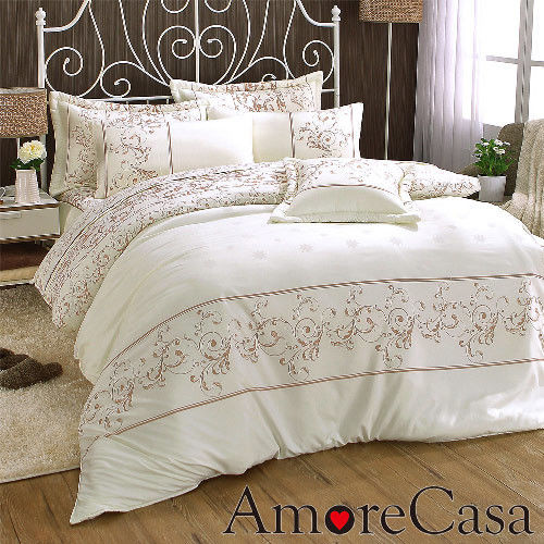 【AmoreCasa】玫瑰金 綿柔感加大八件式兩用被床罩組