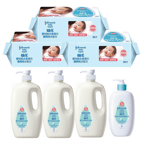 嬌生嬰兒純水柔濕巾(一般型)90片(3包)+牛奶純米沐浴乳1000ml(3入)+牛奶純米潤膚乳液500ml