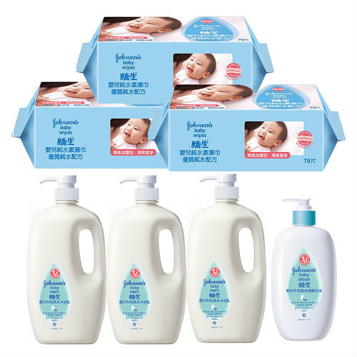 嬌生嬰兒純水柔濕巾(加厚型)70片(3包)+牛奶純米沐浴乳1000ml(3入)+牛奶純米潤膚乳液500ml