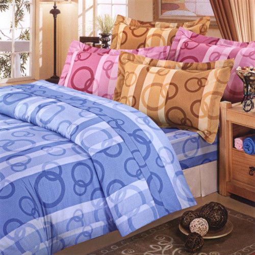 艾莉絲-貝倫 圈圈相連(5.0呎x6.2呎)四件式雙人(高級混紡棉)鋪棉兩用被床包組(藍色)