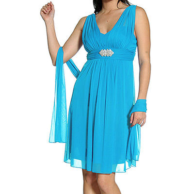 【摩達客】美國進口Landmark 皇家V領浪漫優雅藍色及膝紗裙派對小禮服/洋裝