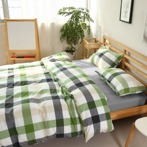 【R.Q.POLO】綠灰格 水洗棉系列-雙人標準薄被套床包四件組(5X6.2尺)