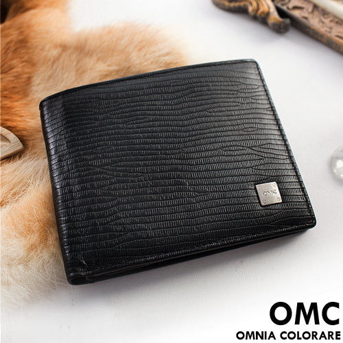 OMC - 韓國質感牛皮木紋款真皮8卡1照固定式上下翻短夾