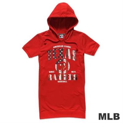 MLB-德州遊騎兵隊印花長版連帽T恤-紅(女)