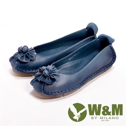 【W&M】 真皮柔軟花朵朵休閒女鞋-藍(另有黑/駝)