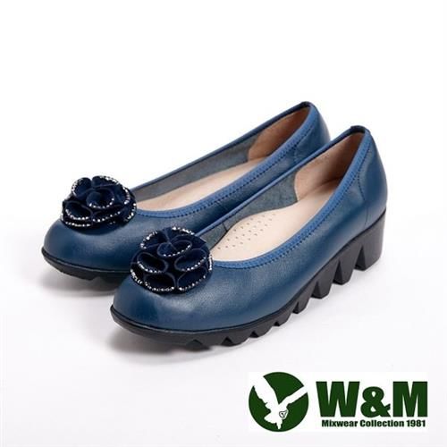 【W&M】真皮貼鑽花朵氣墊厚底休閒女鞋-藍(另有黑)