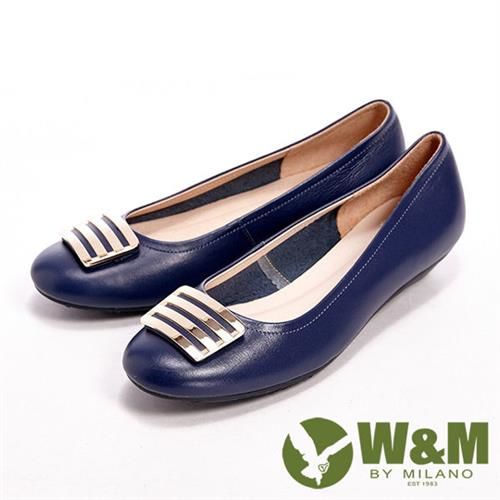 【W&M】 真皮金屬片精緻優雅女跟鞋-藍(另有黑)