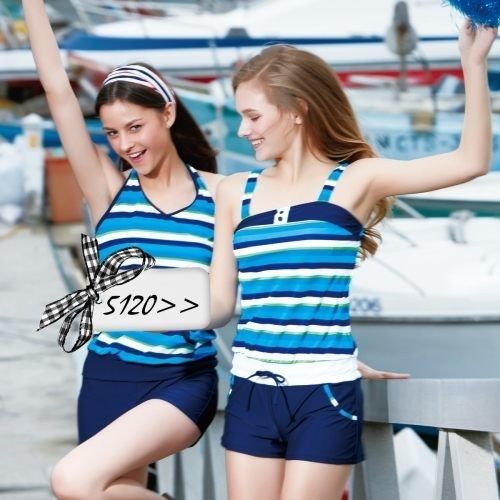 【沙麗品牌】經典條紋款式時尚二件式連身褲泳裝NO.5120（現貨＋預購）