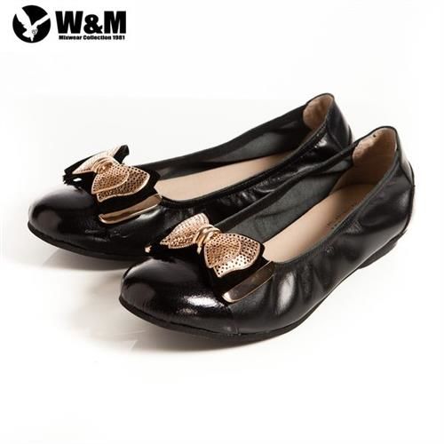【W&M】2014金屬片蝴蝶結優雅時尚好穿搭柔軟平底鞋-黑(另有銀)