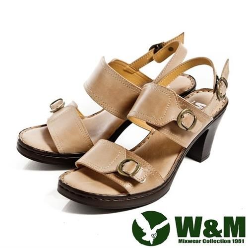 【W&M】日系一字寬帶繫跟厚底粗跟涼鞋-米