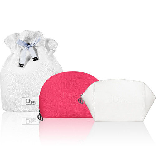 Dior 迪奧 米白浮雕logo美妝包+星鑽束口圓桶袋+桃色荔枝皮半圓美妝包
