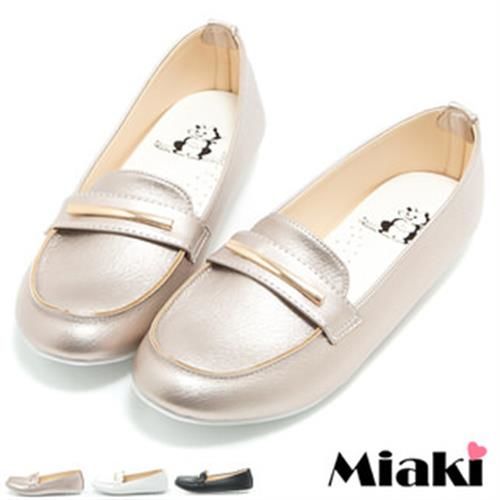 【Miaki】MIT 包鞋時尚金屬平底休閒樂福鞋(金色 / 黑色 / 白色)