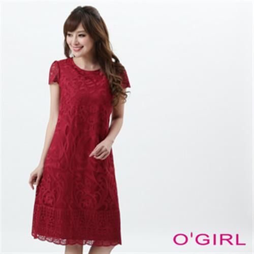 【OGIRL】氣質女伶立體大蕾絲短袖洋裝