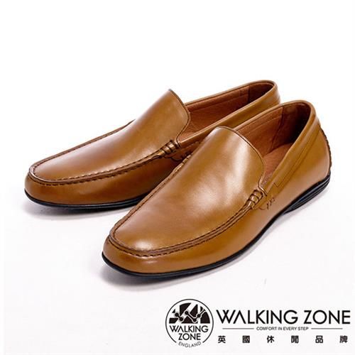【WALKING ZONE】真皮氣墊感舒適直套休閒男皮鞋-棕