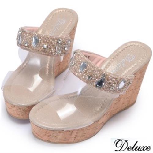 【Deluxe】閃耀水晶鑽時尚厚底楔型鞋(金)-GS1-3