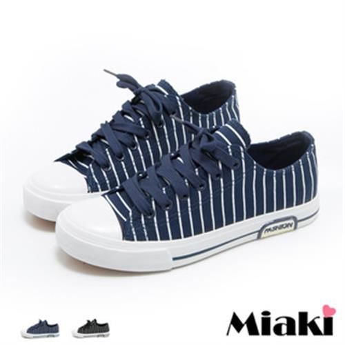 【Miaki】休閒鞋韓系經典直條紋帆布平底包鞋 (深藍色 / 黑色)