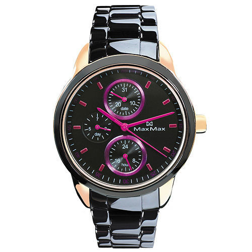 【MAX MAX】時尚輕旅行 炫紫三眼陶瓷腕錶-黑紫/37mm(MAS7003S-5)-APP限定