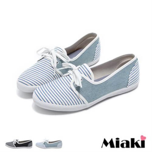【Miaki】MIT 休閒鞋韓活潑條紋拼接綁帶平底包鞋(白黑色 / 白藍色)