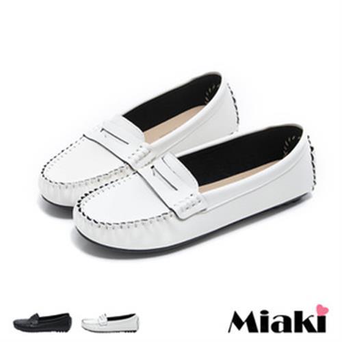 【Miaki】MIT 樂福鞋日雜皮質簡約平底休閒包鞋(白色 / 黑色)