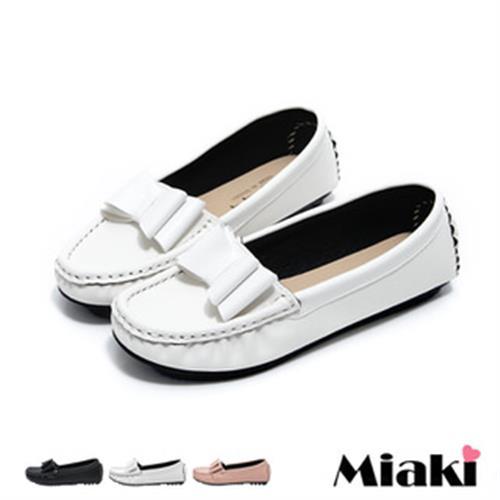 【Miaki】MIT 樂福鞋日雜皮質蝴蝶結平底休閒包鞋(粉色 / 白色 / 黑色)