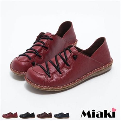 【Miaki】MIT 休閒鞋古著皮質簡約車線平底包鞋(紅色 / 咖啡色 / 藍色 / 黑色)