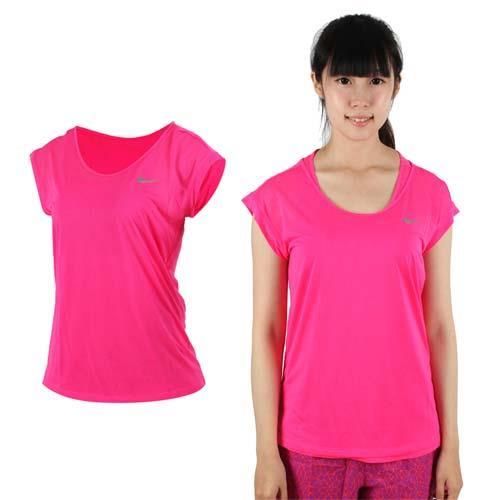 【NIKE】女短袖針織衫 -T恤 短T 路跑 慢跑 螢光粉  100%聚酯纖維