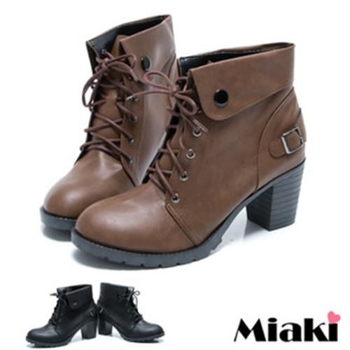 【Miaki】MIT 日韓人氣反折粗跟馬汀靴短靴踝靴(可可/黑色)