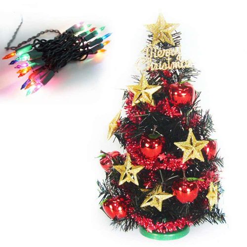 台灣製迷你1呎/1尺 (30cm)金星紅果裝飾黑色 聖誕樹+20燈樹燈串（鎢絲插電式）