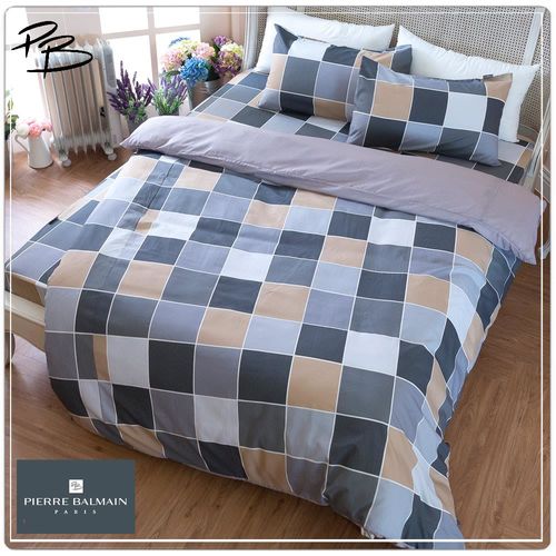 【PB皮爾帕門】環保咖啡紗雙人床包枕套三件組-幾何方格