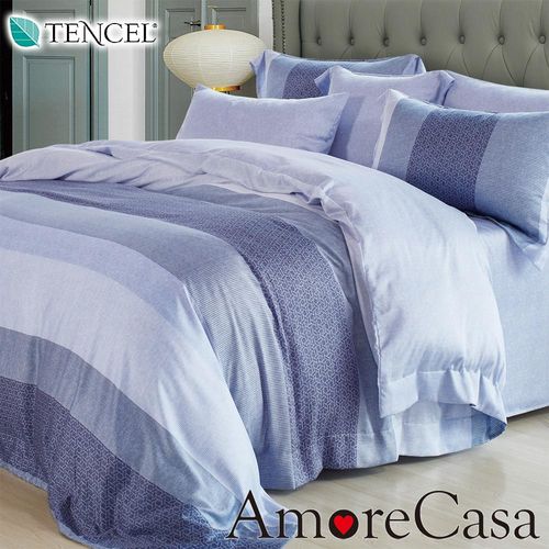 【AmoreCasa】藍調時光 100%TENCEL天絲雙人兩用被舖棉床包組