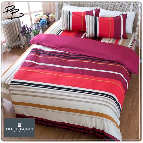 【PB皮爾帕門】環保咖啡紗雙人被套床包四件組-紅條風格