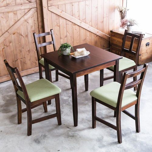 CiS自然行實木家具-實木餐桌椅組一桌四椅74x74公分/焦糖色+抹茶綠椅墊
